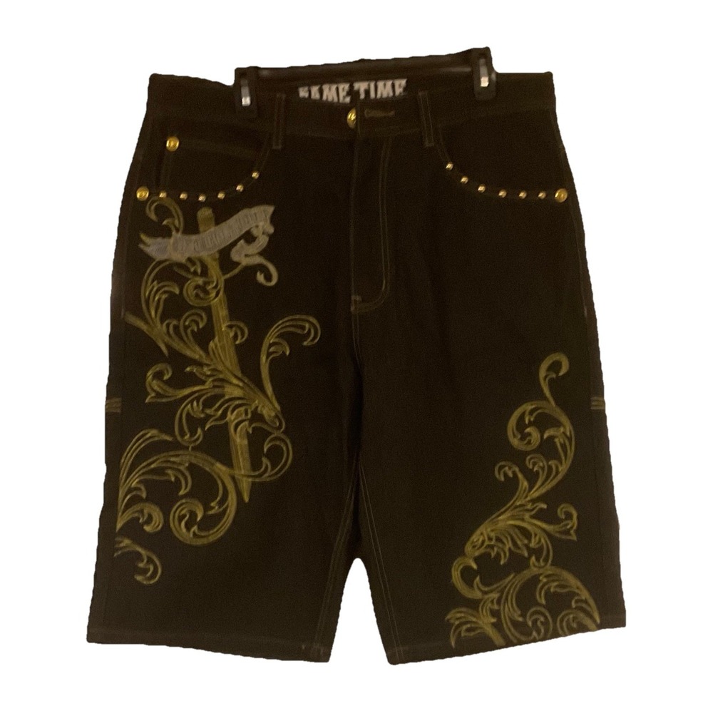 Game Time Jorts Jean Shorts Drk Wash Embroidered Hip Hop Skate Angel Wing Street